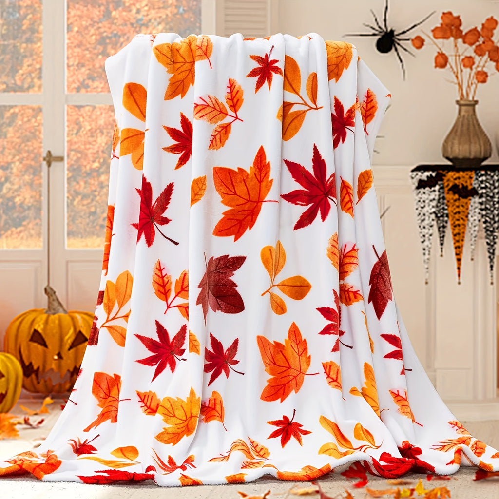1pc Autumn Leaf Patterned Blanket, Maple Leaf Print Design, Body Cover Blanket, Soft Fleece Plush Surface, Lightweight And Durable, Multiple Sizes Available, Suitable for Halloween Decoration, Living Room Leisure, Bedroom Warmth