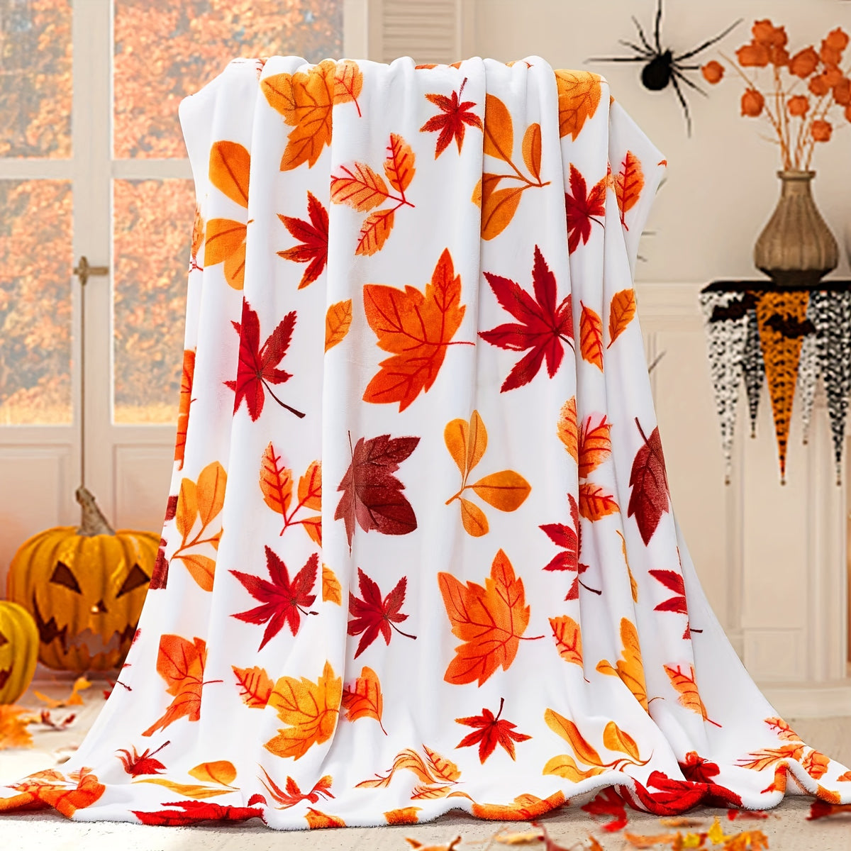 1pc Autumn Leaf Patterned Blanket, Maple Leaf Print Design, Body Cover Blanket, Soft Fleece Plush Surface, Lightweight And Durable, Multiple Sizes Available, Suitable for Halloween Decoration, Living Room Leisure, Bedroom Warmth