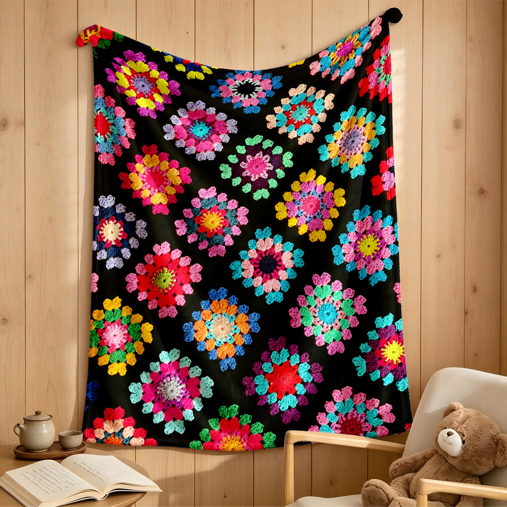 1pc/Black Background Multicolor Crochet Grandma Plaid Floral Full Print Retro Ethnic Style Printed Fleece Blanket, Soft Warm Lightweight, All Seasons, Machine Washable - Suitable for Sofa, Bed, Travel, Camping, Living Room