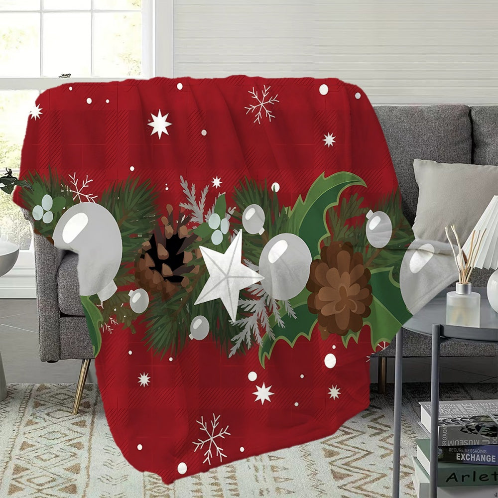 1pc Christmas Holiday Pinecone Snowflake Pattern Red Flannel Blanket, Soft Comfortable Warm, Winter Warm Blanket, Suitable for Living Room Sofa, Bedroom Sofa, Casual Reading, Home Relaxation, And Holiday Decor