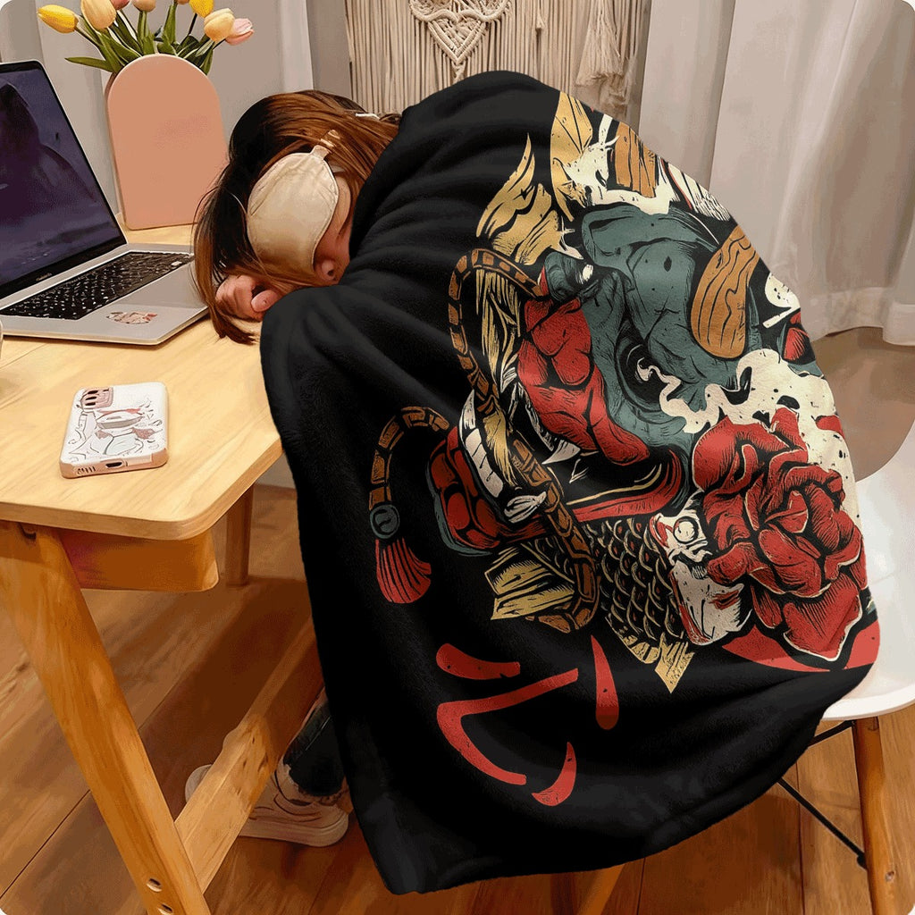 1pc Cozy Japanese-Inspired Demon Print Flannel Throw Blanket Soft Reversible And Machine Washable for All Seasons Ideal for Couch Office And Camping