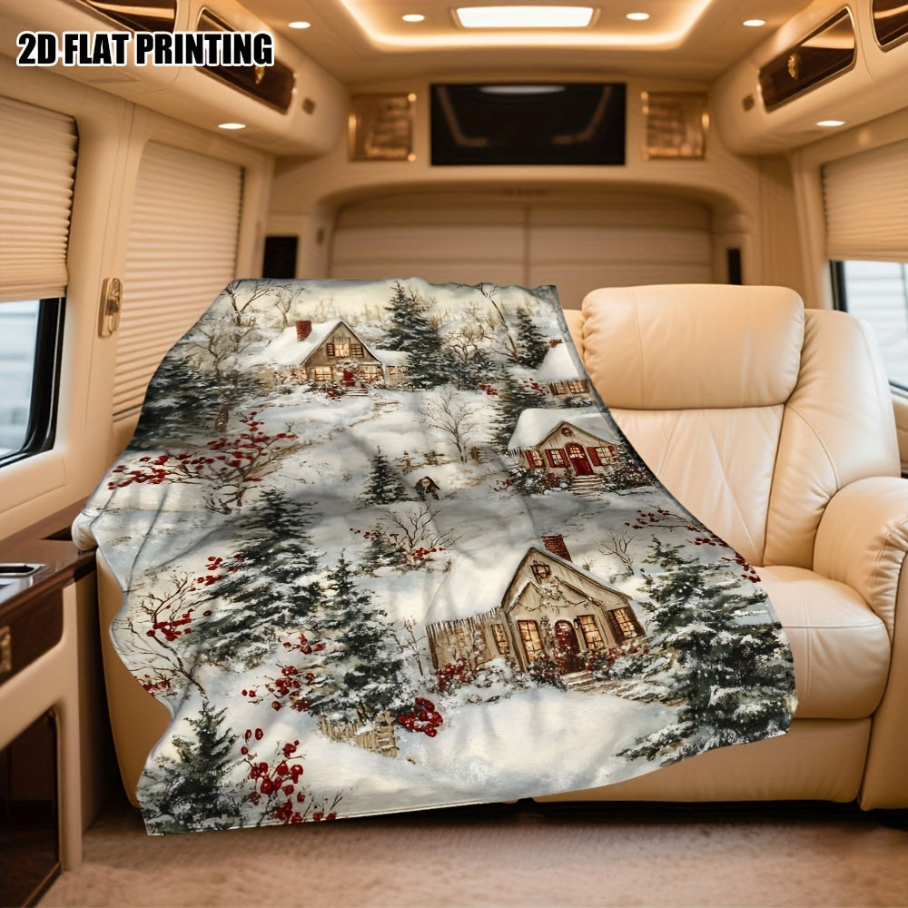 Retro Winter Village Pattern Flannel Blanket, Sofa And Chair Dual-Purpose Thermal Blanket, Warm Company Halloween And Christmas