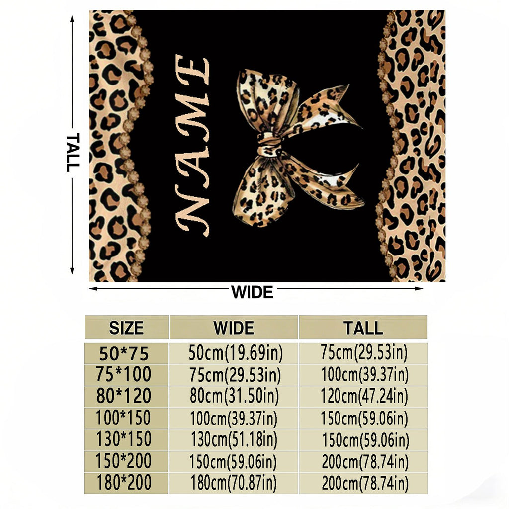 Personalized Custom Name Blanket, Leopard Print Bow-Tail Fleece Blanket, Gift for Outdoor Enthusiasts, All-Season Gift Blanket, Suitable for Home And Travel, Comfortable Personalized Blanket, Ideal Holiday Gift for Family And Friends