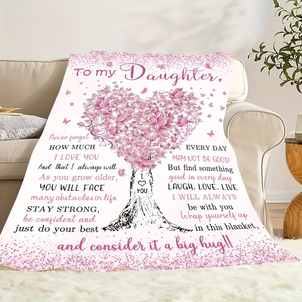 Pink Heart Tree Flannel Blanket- to My Daughter Quilt with Love& Support Message, Perfect Gift for Daughters, Machine Washable Polyester, All-Season Use, Everyday Comfort|Warmthful Gift|Durable Quilt