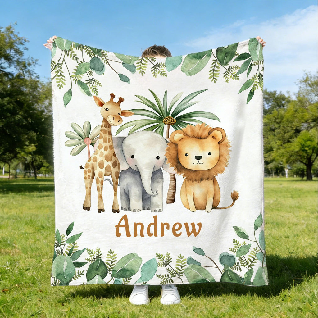 Personalized Custom Name Blanket, Cartoon Zoo Pattern Fleece Blanket, Gift for Outdoor Enthusiasts, All-Season Plush Blanket, Suitable for Home And Travel, Comfortable Personalized Blanket, Ideal Holiday Gift for Family And Friends