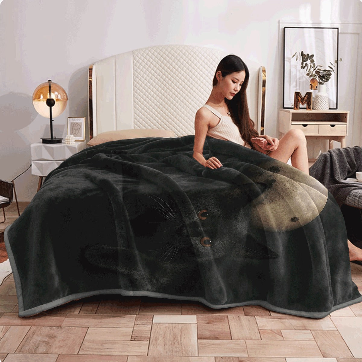 1pc Cozy Moon & Black Cat Print Flannel Throw Blanket Soft, Warm, All-Season Gift for Friends & Family, Ideal for Naps, Camping, Travel, and Home Decor, Camping Accessory Playful Cat Design