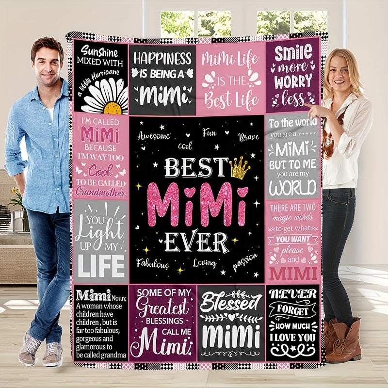 1pc Cozy Best Mimi Ever Pink Plaid Patchwork Flannel Throw Blanket- Soft, Warm, and Stylish with Heartfelt Quotes- Perfect for Sofa, Bed, Office, and Travel- Ideal Gift for Birthdays and Holidays, Travel Accessory| Playful Design| Flannel Blanket,