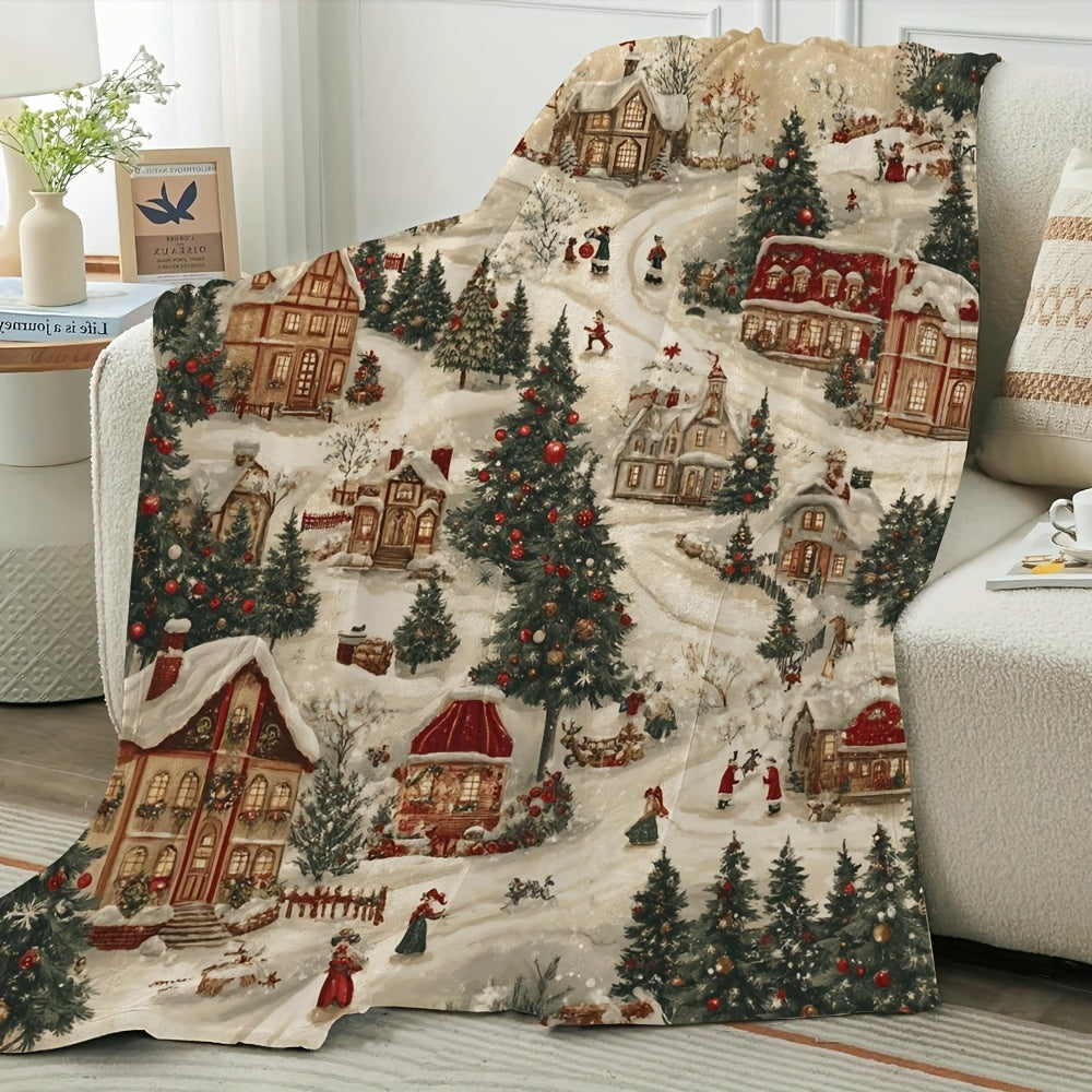1pc of Christmas Snow Village Flannel Blanket - Comfortable and Warm for All Seasons, Festive Village Pattern Design, Soft and Warm Sofa, Essential for Travel and Camping, Modern Holiday Decoration, Plush Fabric, Exclusive to Camping Enthusiasts