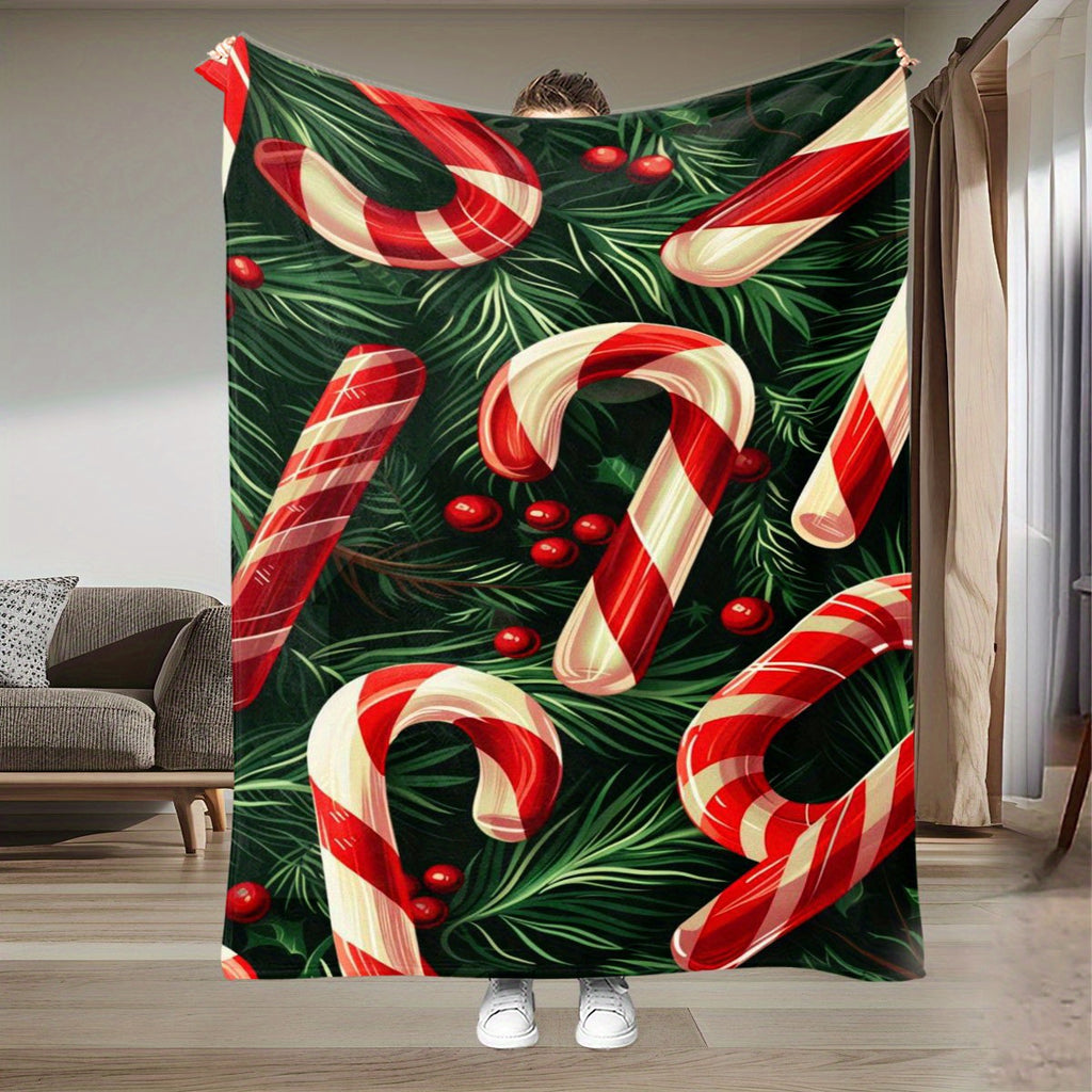 Christmas Candy Cane Theme Digital Printed Flannel Blanket - 100% Fiber, Suitable for Light and Warm Adaptation in All Seasons, Shop, Sofa and Other Scenes