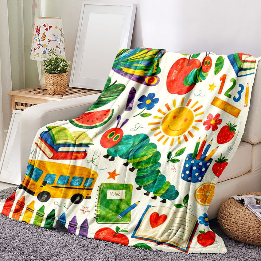 for CATERPILLAR 2D Watercolor Cartoon Print, Featuring Caterpillars with Butterfly, Vegetables, Fruits, Stationery, School Bus, and Sun Elements, Fresh Cartoon Style, Portable Home Blanket¡ªLightweight Sofa Bed Blanket for Travel, Camping