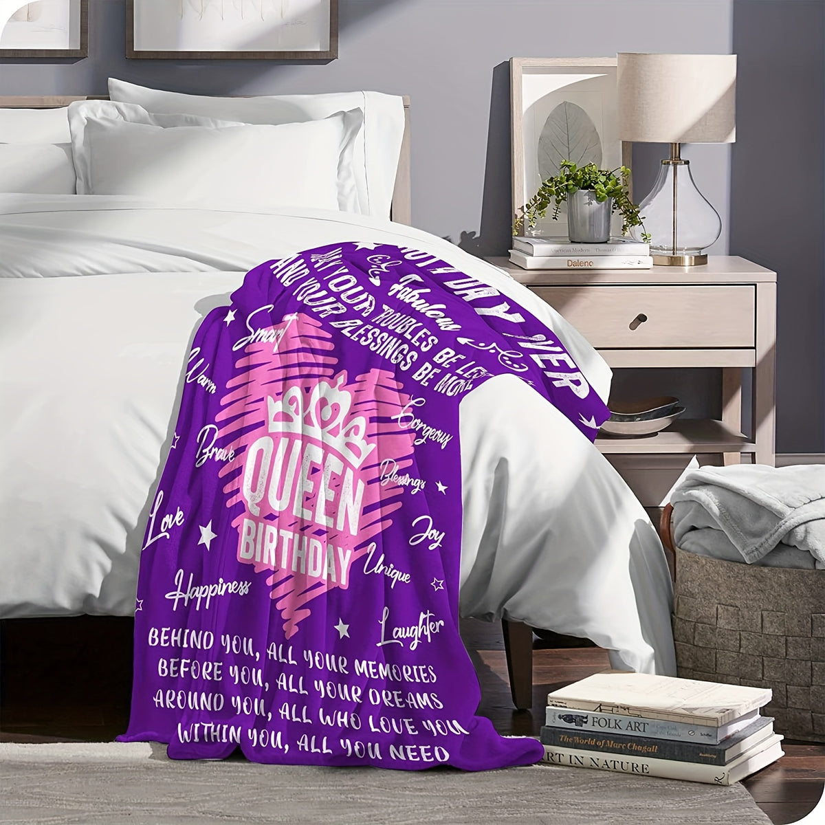 1pc Queen Birthday Flannel Blanket - Royal Purple with Pink & White Accents, Heartfelt Messages & Crown Design, All-Season Soft Throw Gift for Women, Mom, Daughter, Sister, Friends, Girlfriend, Sentimental Keepsake, Playful Design, Cozy Fabric, Keepsake I