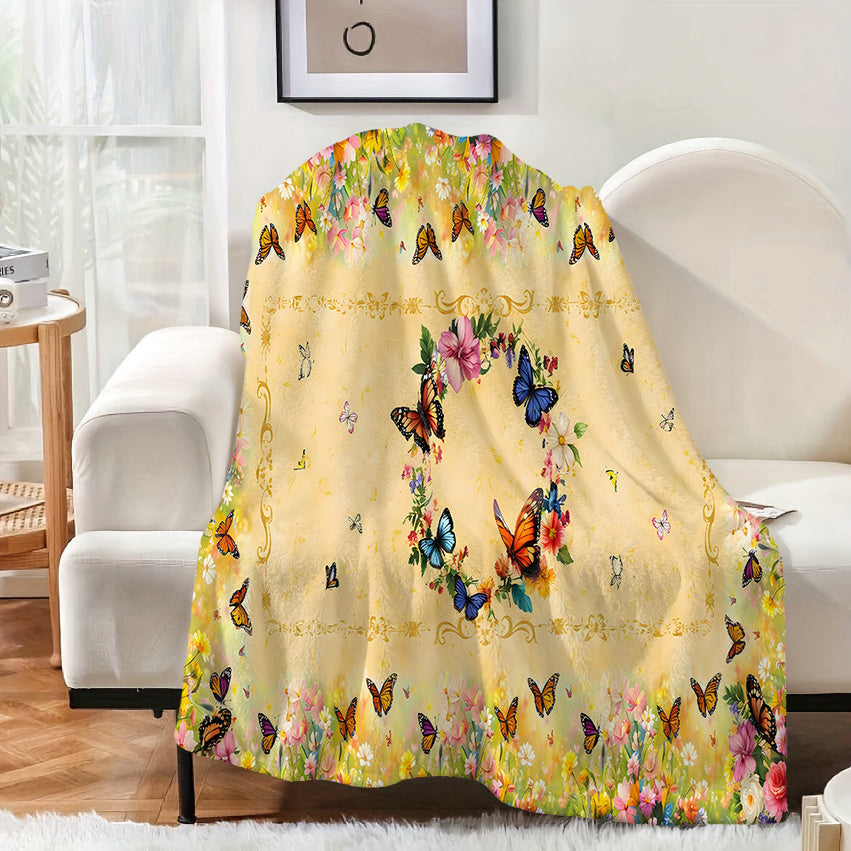 1pc Floral Butterfly Pattern Blanket, Pastoral Style Design, Soft Plush Surface, Lightweight and Durable Flannel Material, Multiple Sizes Available, Perfect for Holiday Gatherings, Living Room Lounging, Bedroom Sleep, Study Reading, Seasonal Home