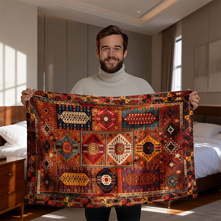A Bohemian Geometric Patterned Fleece Blanket - Suitable for All Seasons, Soft And Warm, Perfect for Camping, Travel, Car, And Office Use - Machine Washable, Comfortable Home Decor, Vibrant Colors, Exquisite Pattern Craftsmanship, Modern Style