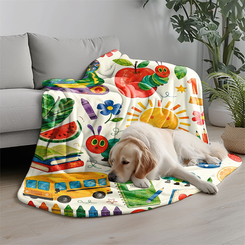 for CATERPILLAR 2D Watercolor Cartoon Print, Featuring Caterpillars with Butterfly, Vegetables, Fruits, Stationery, School Bus, and Sun Elements, Fresh Cartoon Style, Portable Home Blanket¡ªLightweight Sofa Bed Blanket for Travel, Camping