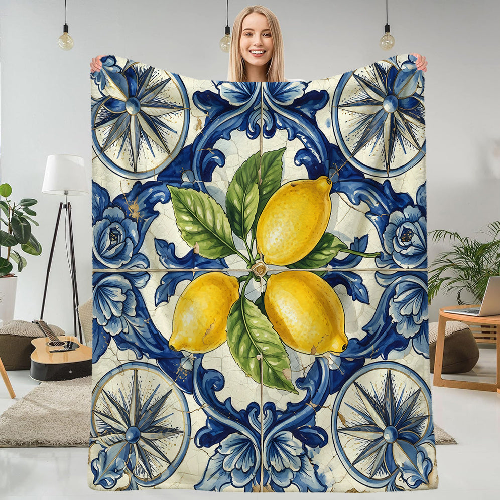 1pc Lemon Floral Pattern Blanket, Mediterranean Style Design, Soft Plush Surface, Lightweight and Durable Flannel Material, Multiple Sizes Available, Perfect for Holiday Gatherings, Living Room Lounging, Bedroom Warmth, Study Reading, Seasonal Home