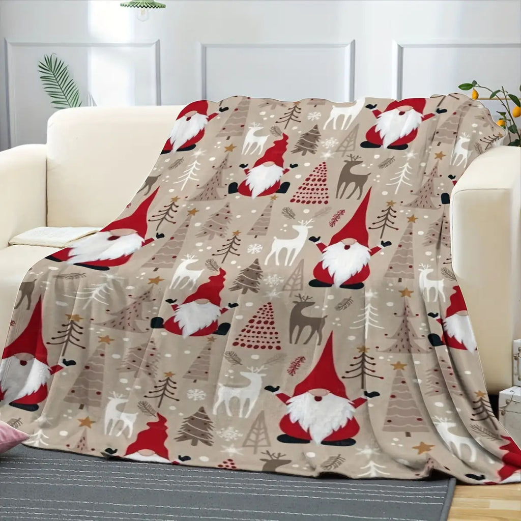 Christmas Holiday Throw Blanket - Traditional Style Flannel Fleece, Digital Print with Santa and Reindeer Motif, All-Season Cozy Multipurpose Polyester Throw, Soft Touch, 200-250gsm Weight, Ideal for Festive Decor& Gifting