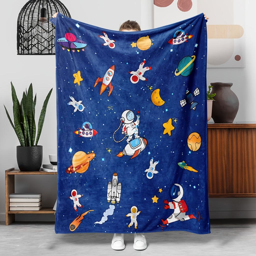 1pc of Flannel Blanket Featuring a Cartoon Flying Saucer in Space, Soft And Cozy, Perfect for Use on a Sofa,, Or at The Office; a Small Throw Ideal for Lunch Breaks, And a Great Gift for Halloween Or Christmas