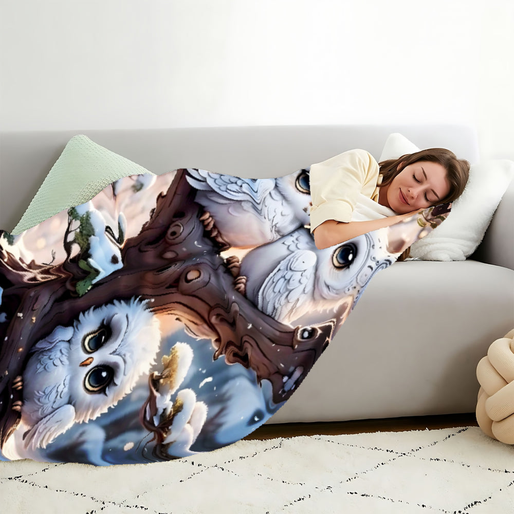 Cute Snowy Owl, Winter Gift, Soft Blanket, Adorable Tree Design, Cozy Home Decor, Multifunctional Warm Throw