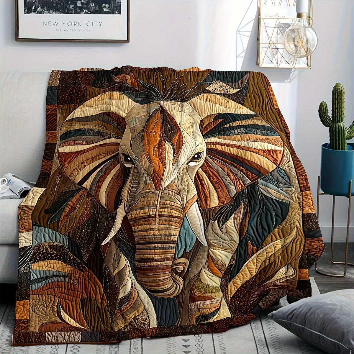 1pc Heavyweight Anti-Allergy Elephant Blanket - Soft Odorless Flannel Suitable for All Seasons, Modern Bohemian Room Decor with Elephant Head Design (Brown/Beige/Black/Orange/Blue-Green/White/Grey/Red) - Elephant-Themed Gift