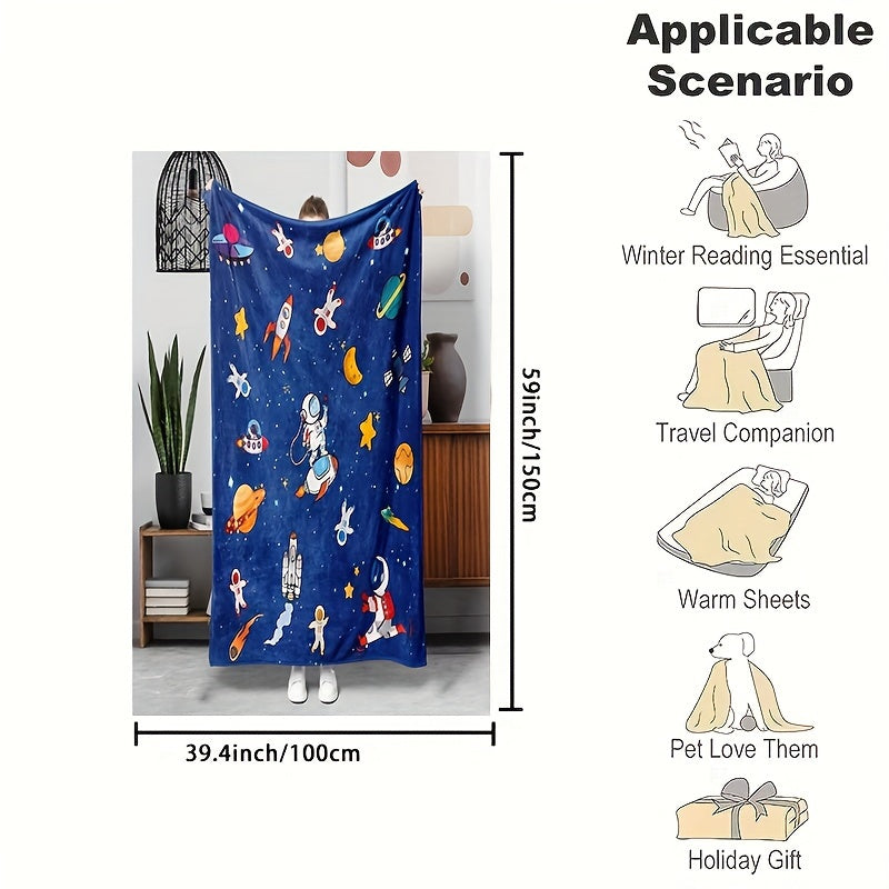 1pc of Flannel Blanket Featuring a Cartoon Flying Saucer in Space, Soft And Cozy, Perfect for Use on a Sofa,, Or at The Office; a Small Throw Ideal for Lunch Breaks, And a Great Gift for Halloween Or Christmas
