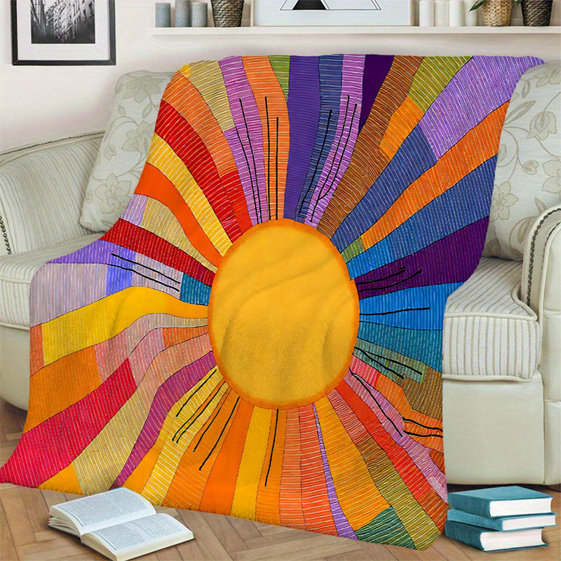 1pc Colorful Sun Pattern Blanket, Artistic Style Design, Soft Plush Surface, Lightweight and Durable Flannel Material, Multiple Sizes Available, Perfect for Holiday Gatherings, Living Room Lounging, Bedroom Warmth, Study Reading, Seasonal Home Decor