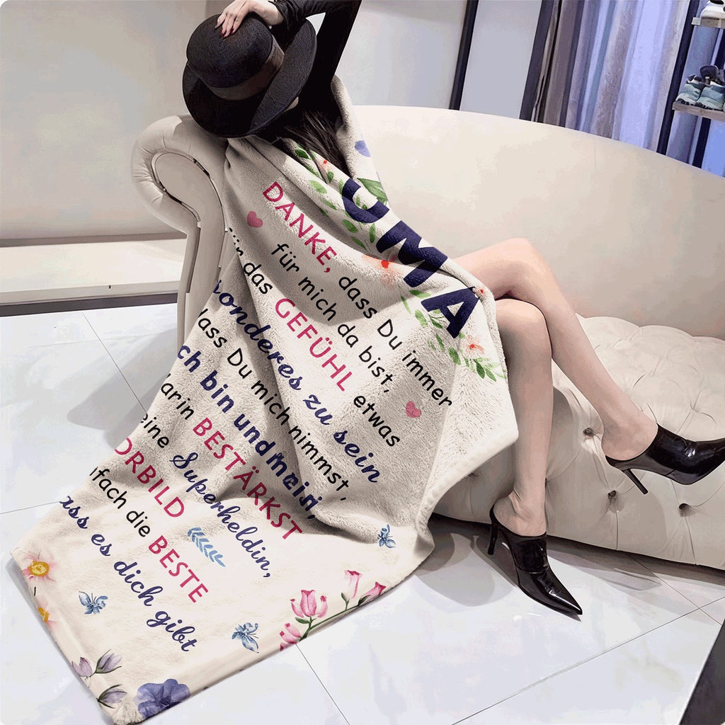 1pc Soft Flannel Grandma Gift Blanket with Vintage Floral Butterfly Design German OMA Text, Multicolor Throw for Birthday Anniversary, All-Season Couch Bedspread, 200-250G M, Cozy Home Dec