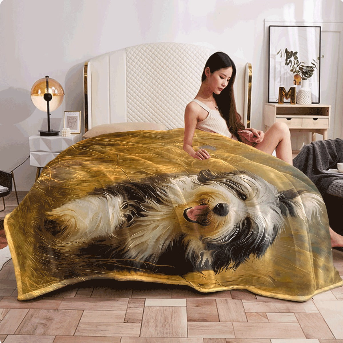 1pc Blanket Soft Single Sided Printed Blanket, A Happy and Smiling Bearded Collie Dog, Suitable for Napping, Camping, and Traveling, AH812BYE1904