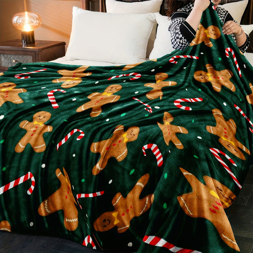 -1pc Winter Christmas Atmosphere Gingerbread Man Blanket, Red Flannel Blanket with Candy Cane Pattern, Color Digital Print, Machine Washable, Thickened Soft Thermal Blanket, Air-Conditioned Room Blanket, Home And Office Thermal Nap Blanket