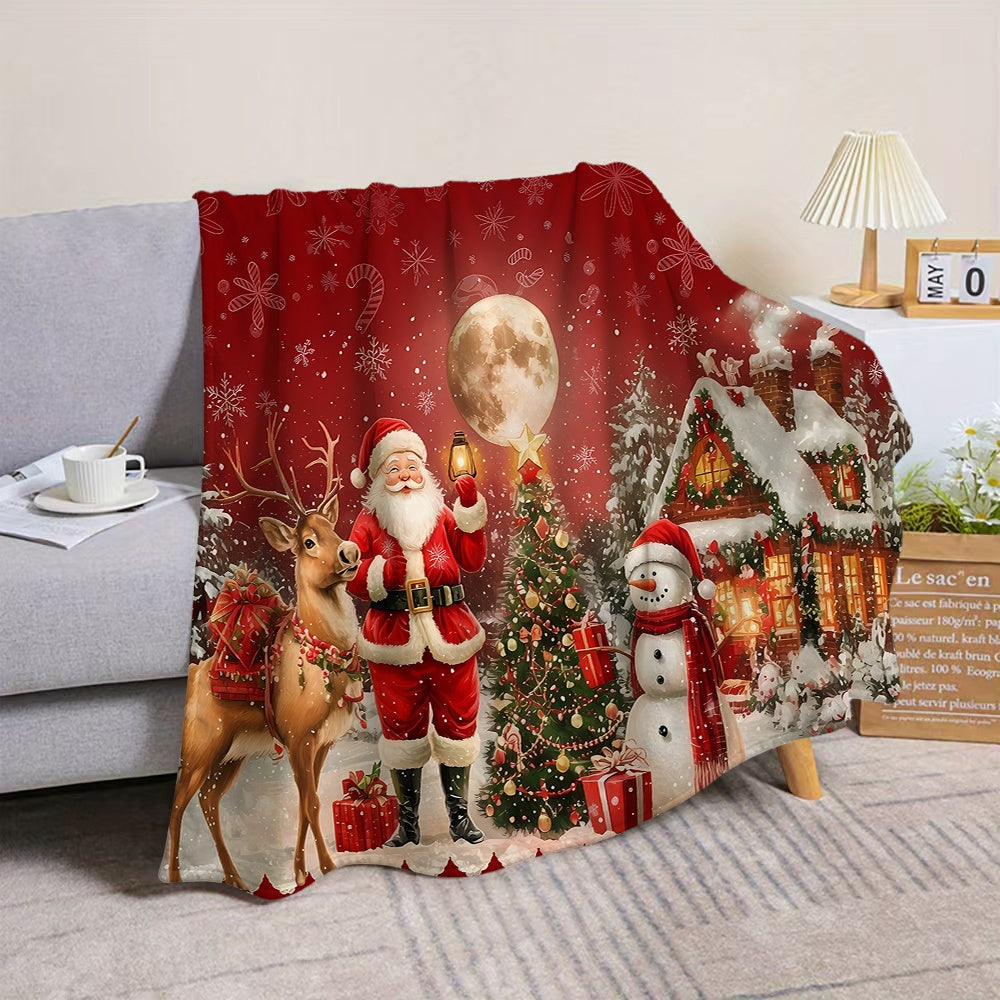 1pc Santa Claus And Reindeer Snowman Theme Red Flannel Blanket, Soft Comfortable Warm, Festive Design, All-Season Blanket, Warm Cover, Multiple Sizes Available, Suitable for Living Room Sofa, Bedroom, Reading Corner, Holiday Parties