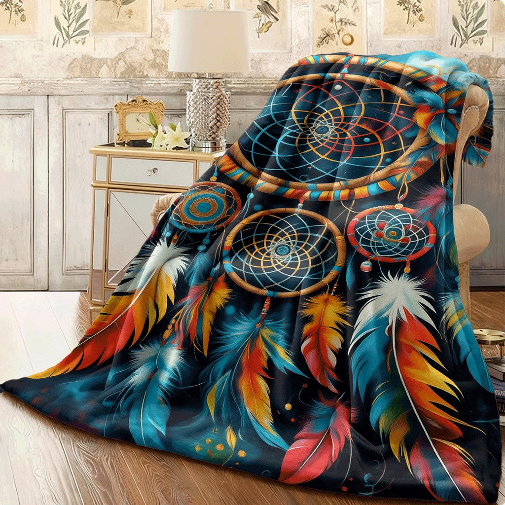 1pc Colorful Dreamcatcher Design Flannel Blanket Soft Lightweight Throw with Vibrant Feather Pattern, All-Season Comfort for Sofa, Office, Travel Machine Washable, Multiple Sizes Available, Offic