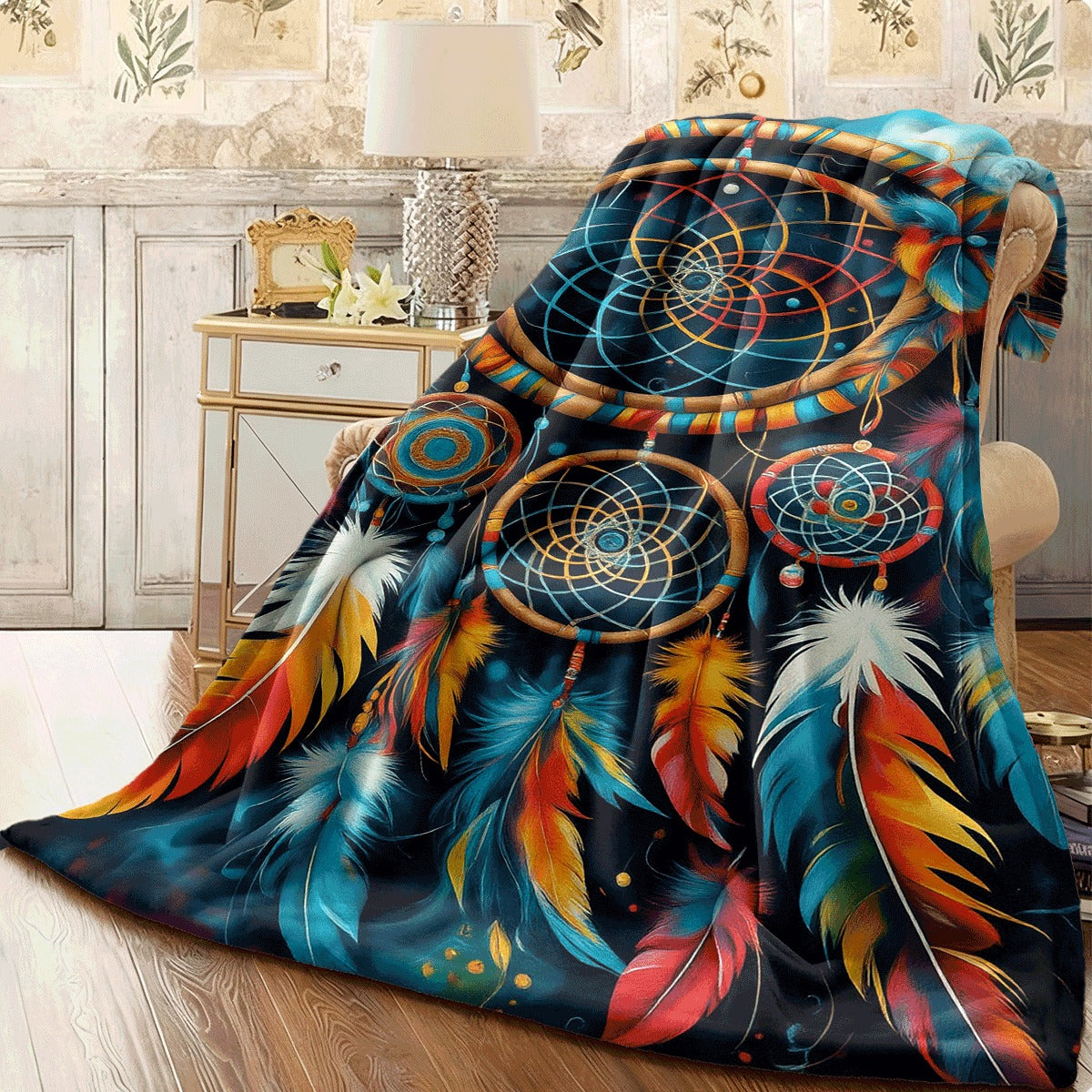 1pc Colorful Dreamcatcher Design Flannel Blanket Soft Lightweight Throw with Vibrant Feather Pattern, All-Season Comfort for Sofa, Office, Travel Machine Washable, Multiple Sizes Available, Offic