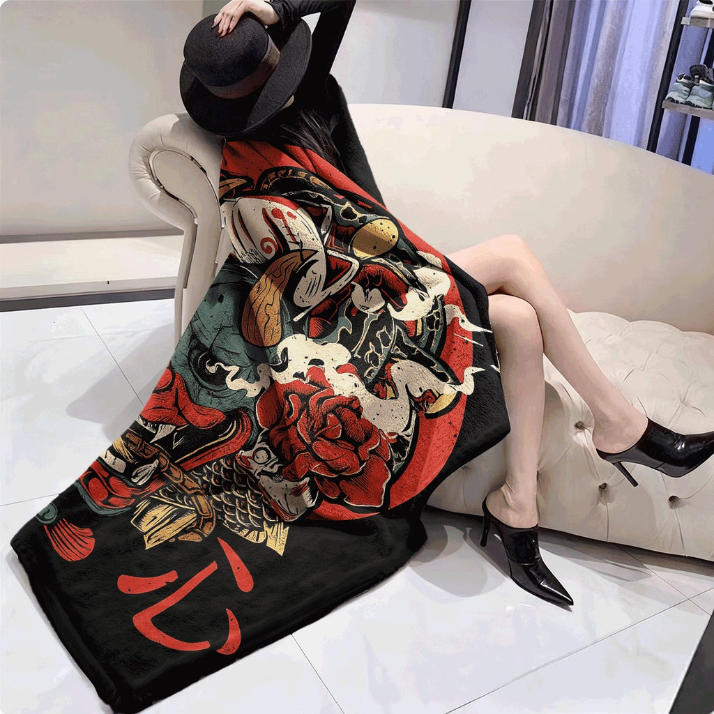 1pc Cozy Japanese-Inspired Demon Print Flannel Throw Blanket Soft Reversible And Machine Washable for All Seasons Ideal for Couch Office And Camping