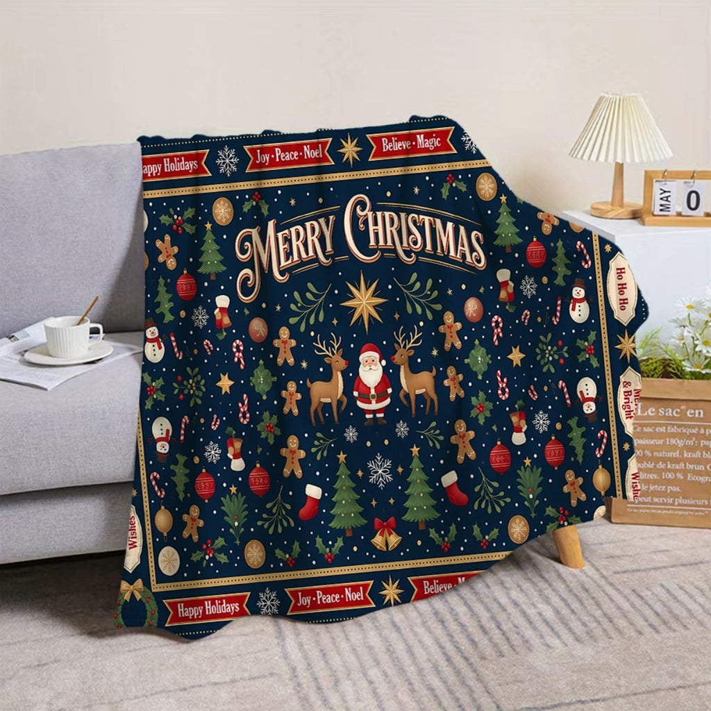 1pc, Santa And Reindeer Pattern Deep Blue Flannel Blanket, Soft Comfortable Warm, Festive Design, Durable Plush, All-Season Sofa Blanket, Warm Cover, Multiple Sizes Available, Suitable for Living Room Sofa, Bedroom, Reading Corner