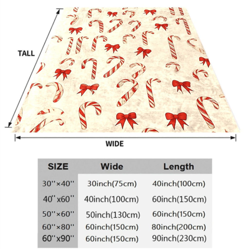 1pc Soft Flannel Blanket with Classic Christmas Candy Cane And Red Bow Print Cozy All-Season Warm Throw for Couch Sofa