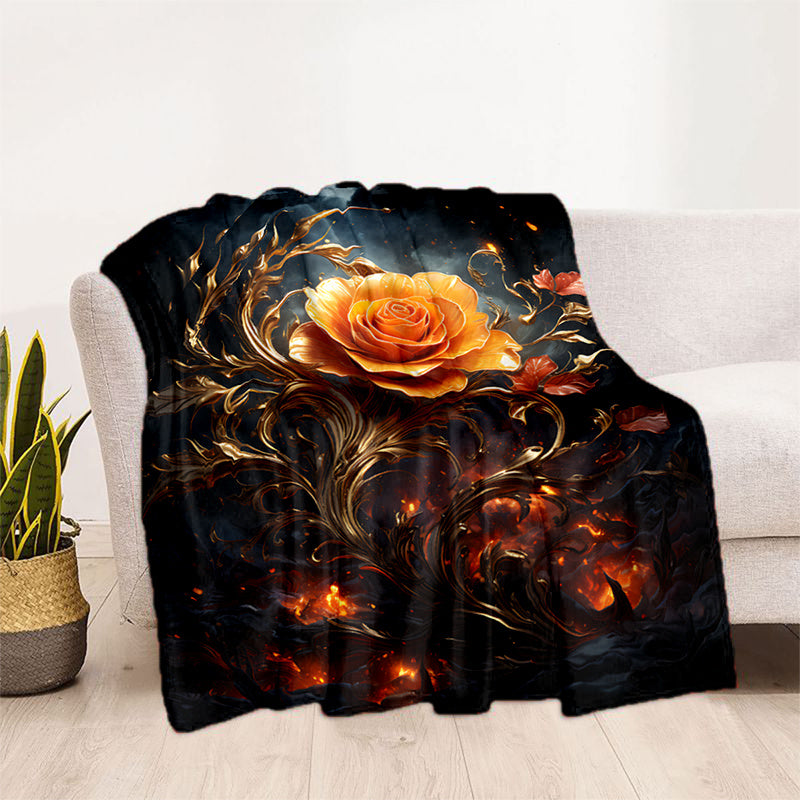 1pc Golden Rose Print Blanket, Romantic Artistic Throw, Ultra-Warm Soft And Comfortable, Flannel Blanket, Multi-Size Available, Suitable for Living Room, Bedroom, Balcony, Courtyard