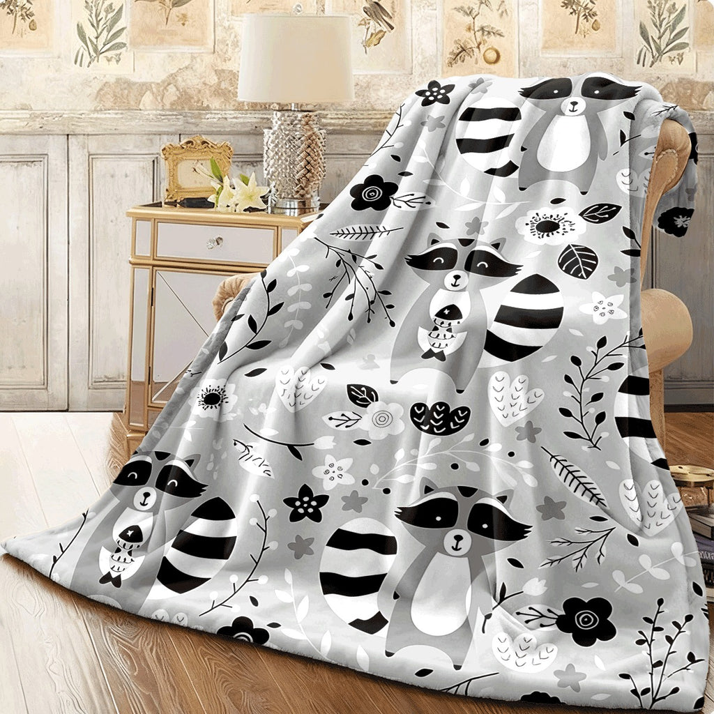 1pc Cute Raccoon Floral Flannel Throw Blanket Black White Gray Cute Animal Flower Pattern Soft Warm Cozy Fleece Blanket for Couch Sofa All Season