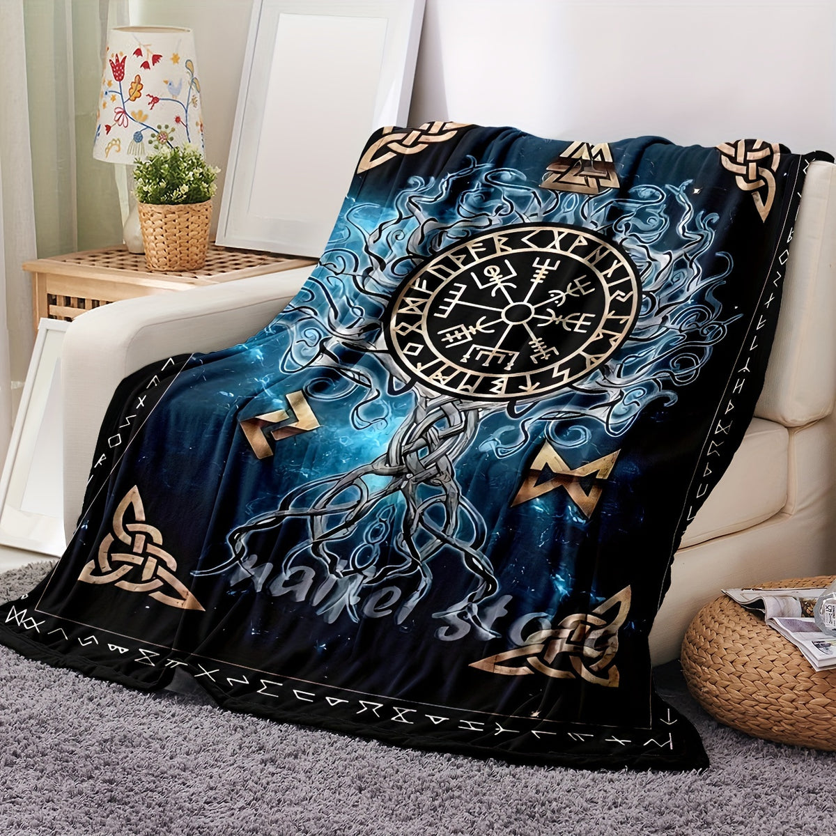 Cozy Viking Norse Flannel Throw Blanket - Celtic Knot & Rune Symbols with Odin's Rune Staff & Valknut - All-Season Soft for Couch,, Travel - Viking-Inspired Gift for & ( Mythology Design)
