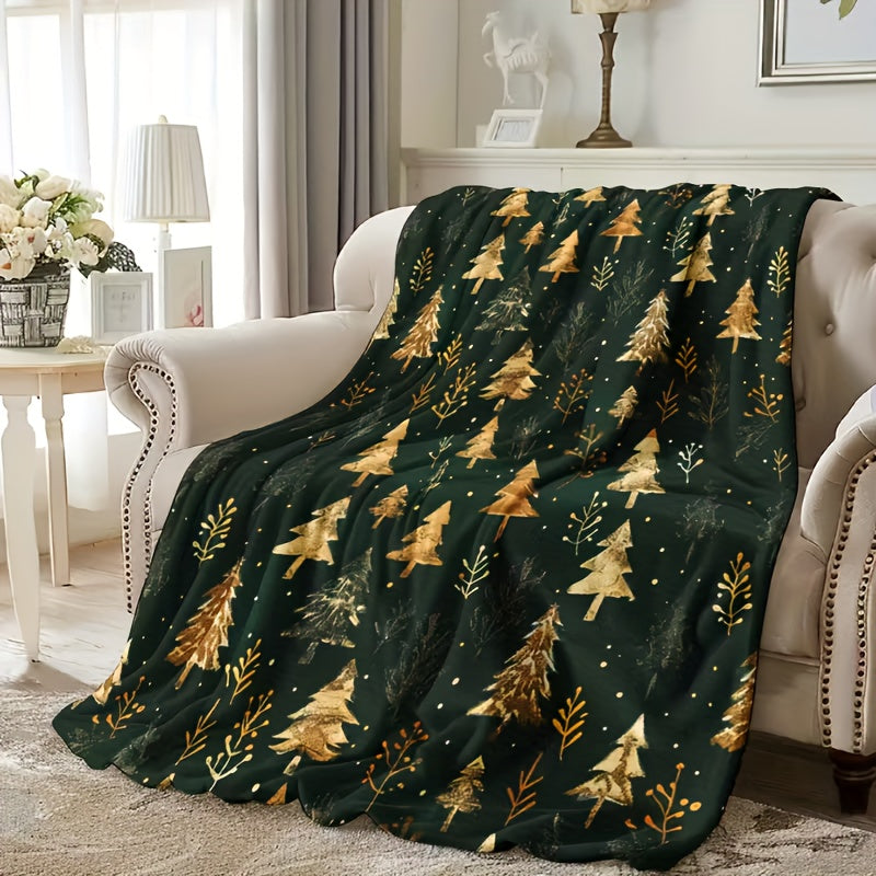 1pc of Christmas-themed Item, Vintage Golden Texture, Cedar, Snowflake, Christmas Tree, Christmas, Printed Blanket, Soft and Warm, Suitable as a Holiday Gift for Classmates, Friends, Family, and Loved Ones, Suitable for Naps, Camping, Travel