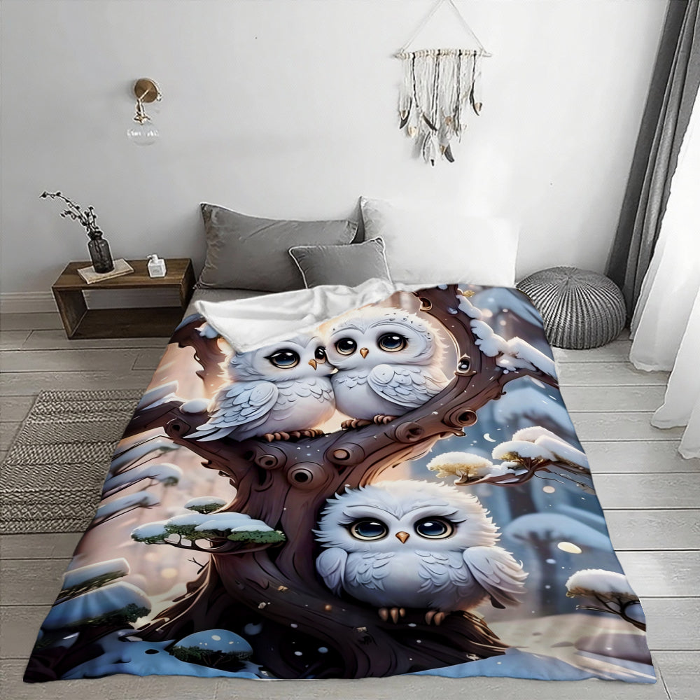 Cute Snowy Owl, Winter Gift, Soft Blanket, Adorable Tree Design, Cozy Home Decor, Multifunctional Warm Throw