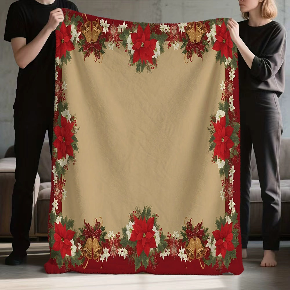 1pc Christmas Red and Golden Bell with Poinsettia Pattern Flannel Blanket, Soft, Comfortable, and Warm, Beige Base with Red Border Design, All-season Universal Sofa Throw, Warm Lap Blanket, Multiple Sizes Available, Suitable for Living Room Sofas