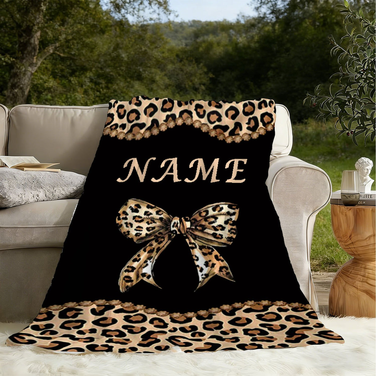 Personalized Custom Name Blanket, Leopard Print Bow-Tail Fleece Blanket, Gift for Outdoor Enthusiasts, All-Season Gift Blanket, Suitable for Home And Travel, Comfortable Personalized Blanket, Ideal Holiday Gift for Family And Friends