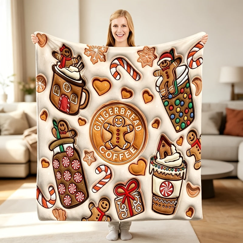 1pc Gingerbread Man And Hot Drink Christmas Theme Beige Flannel Oversized Blanket, Festive Decor Design, Large Plush Throw Blanket, Suitable for Living Room Sofa Cover, Weekend Sofa Nap, Seasonal Home Use