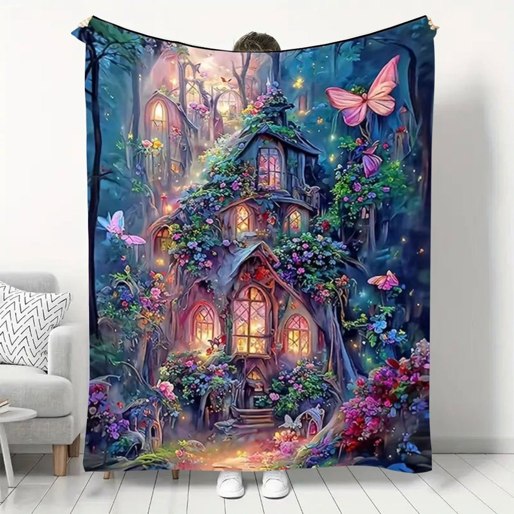 1pc Forest Cabin Blanket, Featuring a Dreamy Castle Pattern Design, with a Soft Plush Surface. Made of Lightweight and Durable Flannel Material, Available in Multiple Sizes. Perfect for Holiday Decor, Living Room Relaxation, Bedroom Warmth
