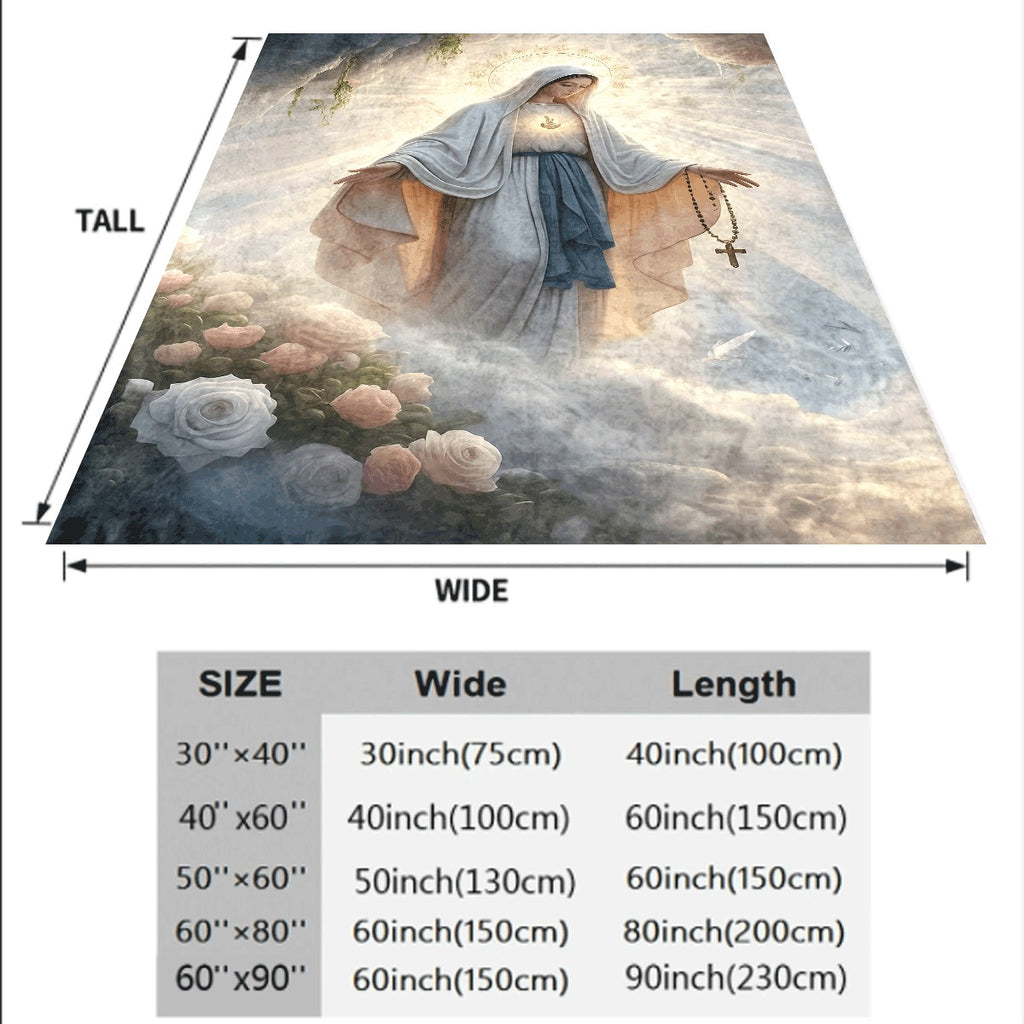 1pc Virgin Mary & -like Religious Flannel Blanket Bohemian Style Soft Quilted All-Season Spread HD Print Catholic Icon Design for Prayer Sofa Hand Wash Only (White Blue Golden) Sp