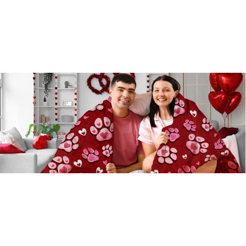 A Flannel Throw Blanket Featuring Paw Prints for Valentine'S Day, in Red And Pink, Perfect As a Romantic Gift for Anniversaries, Weddings, Or Birthdays for Women, Girlfriends, Wives, Or Lovers. This Soft Blanket Is Ideal for Bedding Or The Sofa