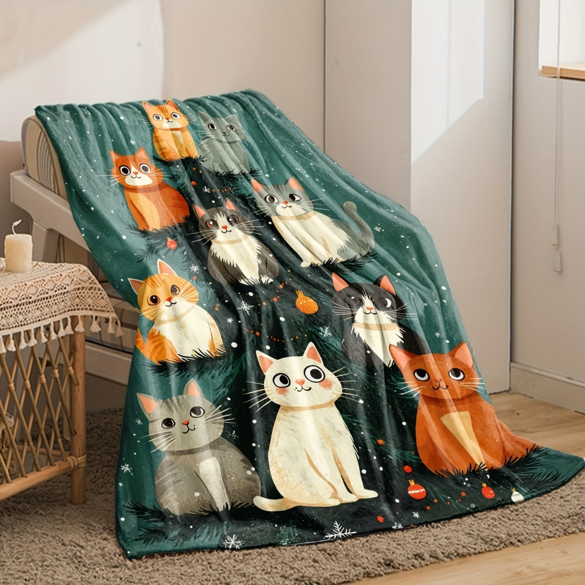 1pc 2D Flat Print Christmas Cat Tree Pattern Blanket, Soft Flannel Throw Blanket, Dark Green Design, Suitable for All Seasons, Warm Cover Blanket, Multiple Sizes Available, Suitable for Living Room Sofa, Bedroom, Reading Nook, Leisure Time