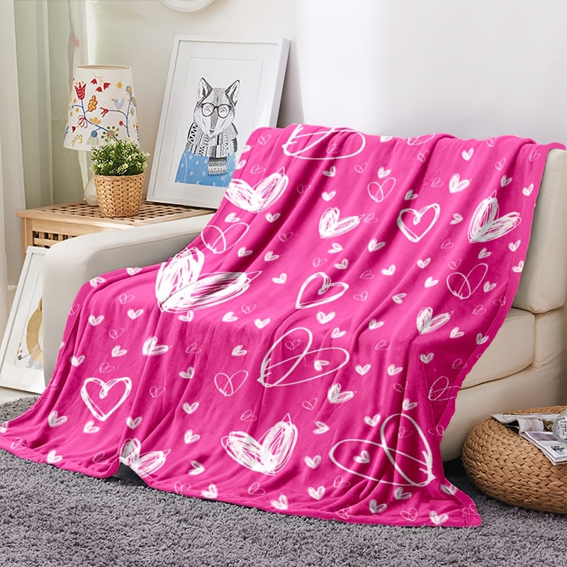 1pc Valentine'S Day Heart Pattern Plush Flannel Blanket | Soft, Comfortable, Cute Rectangular Polyester Throw Blanket, Suitable for All Seasons, Hand Wash Only, Digital Print, Fabric
