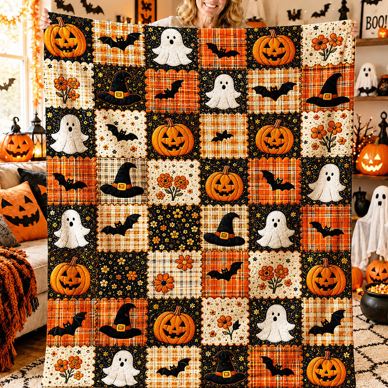 1pc Autumn Farmhouse Style Halloween Flannel Throw Blanket, Cream Plaid with Orange Pumpkins, Cute Ghosts, and Black Bats, Adorned with Vintage Floral Patterns, Suitable for Living Room, Bedroom, Dorm, Naps, Travel, and Daily Use