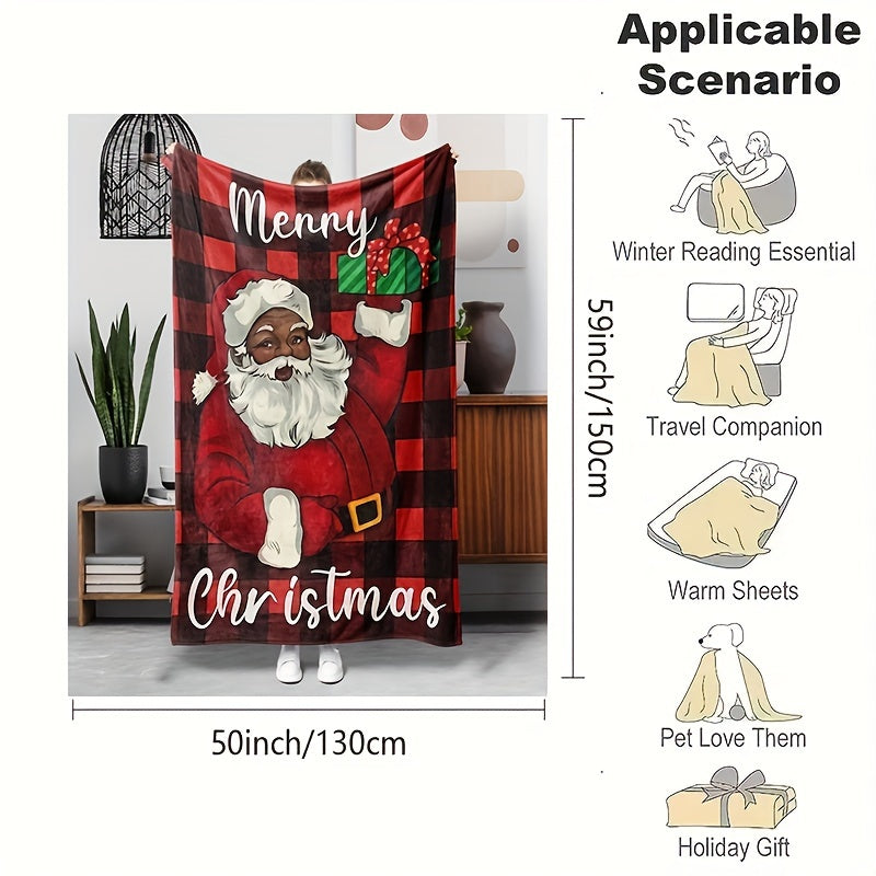 Warm And Comfortable Christmas Flannel Throw Blanket Featuring a Plaid Santa Design, Perfect for Your Couch,, Or Office. A Hypoallergenic Gift Suitable for All Seasons