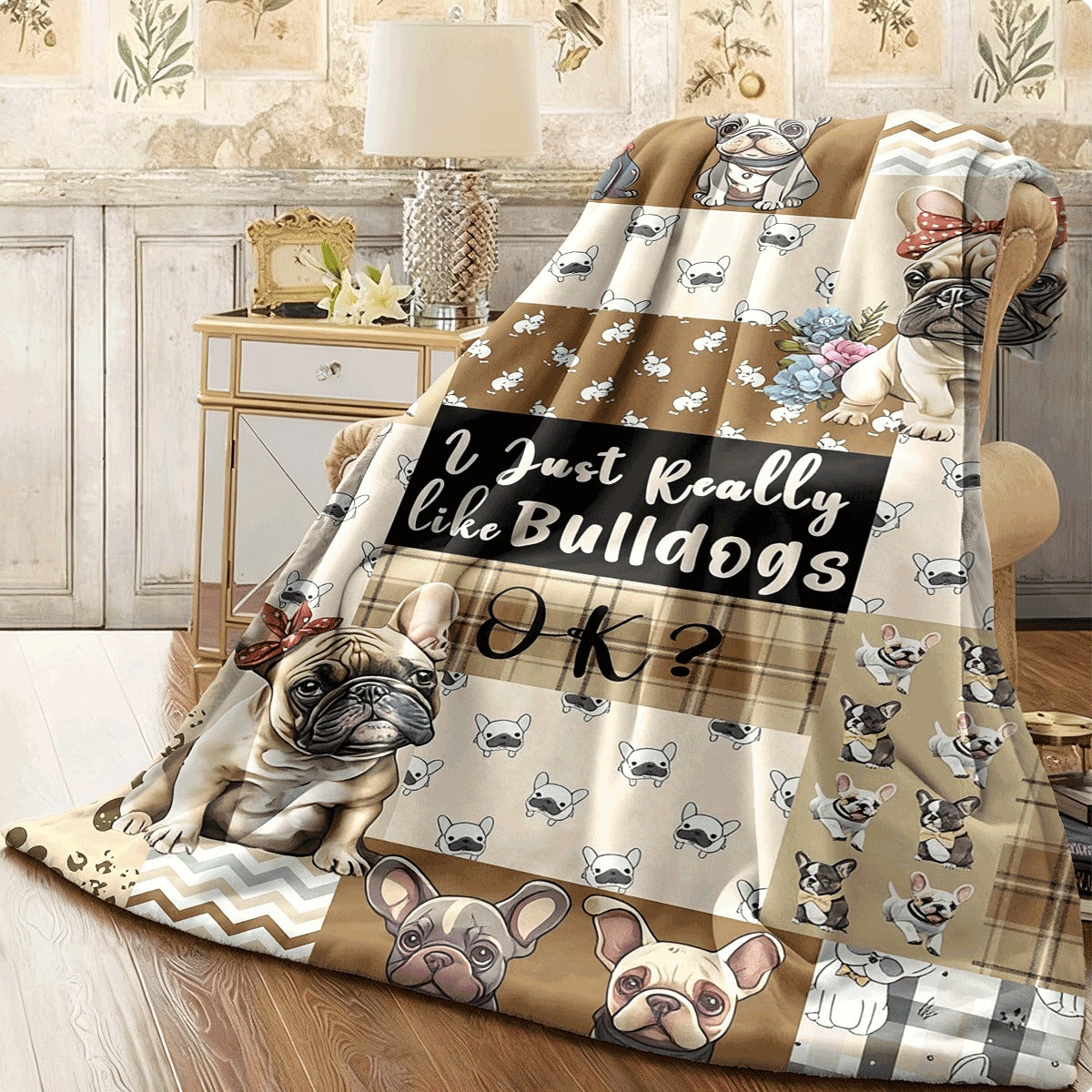 1pc Flannel Blanket with French Bulldog Pattern Soft and Comfortable Patchwork Design Multicolor Decorative Throw for Sofa and Room
